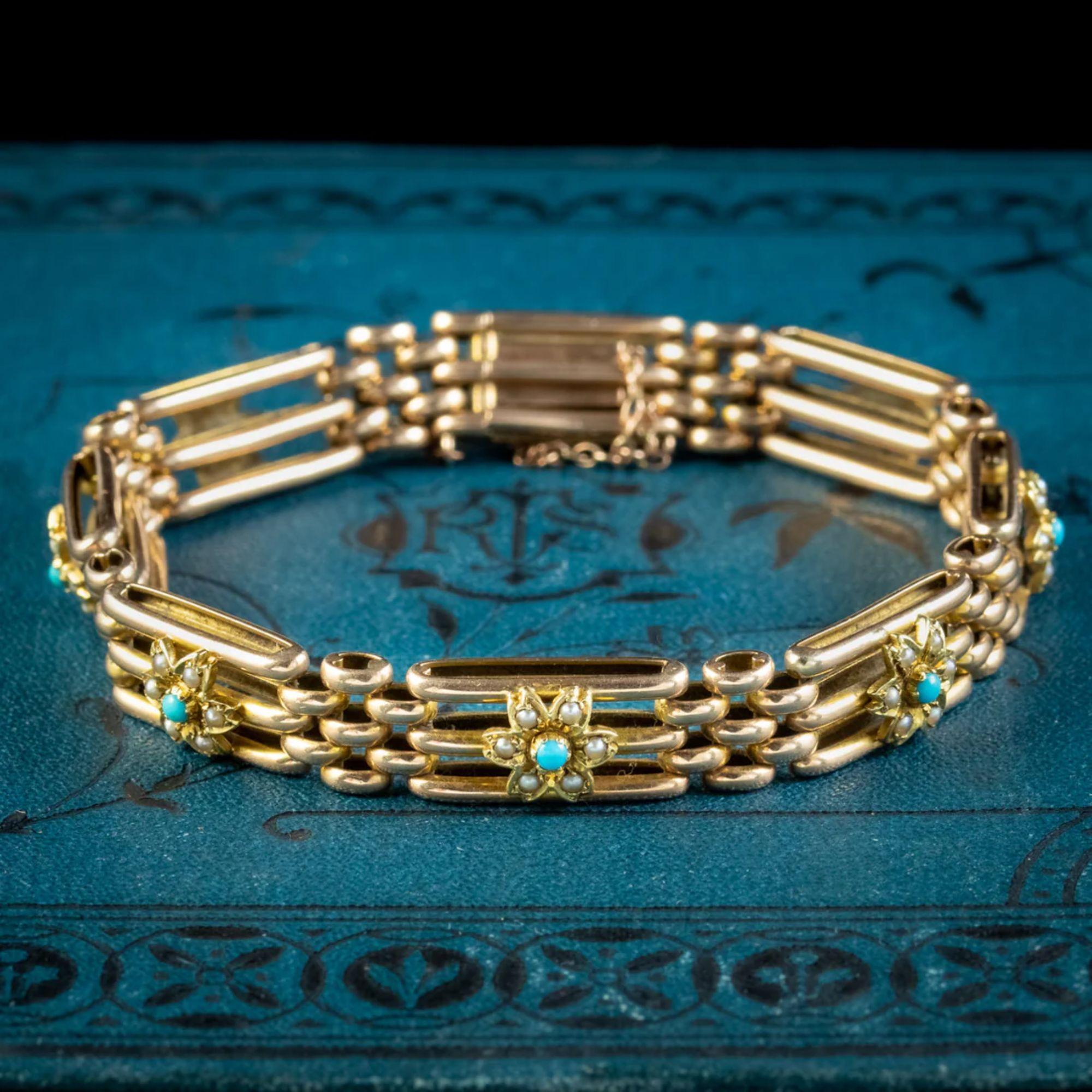 Bracelet ancien victorien à fleurs en or 15 carats et perles de turquoise en vente 2