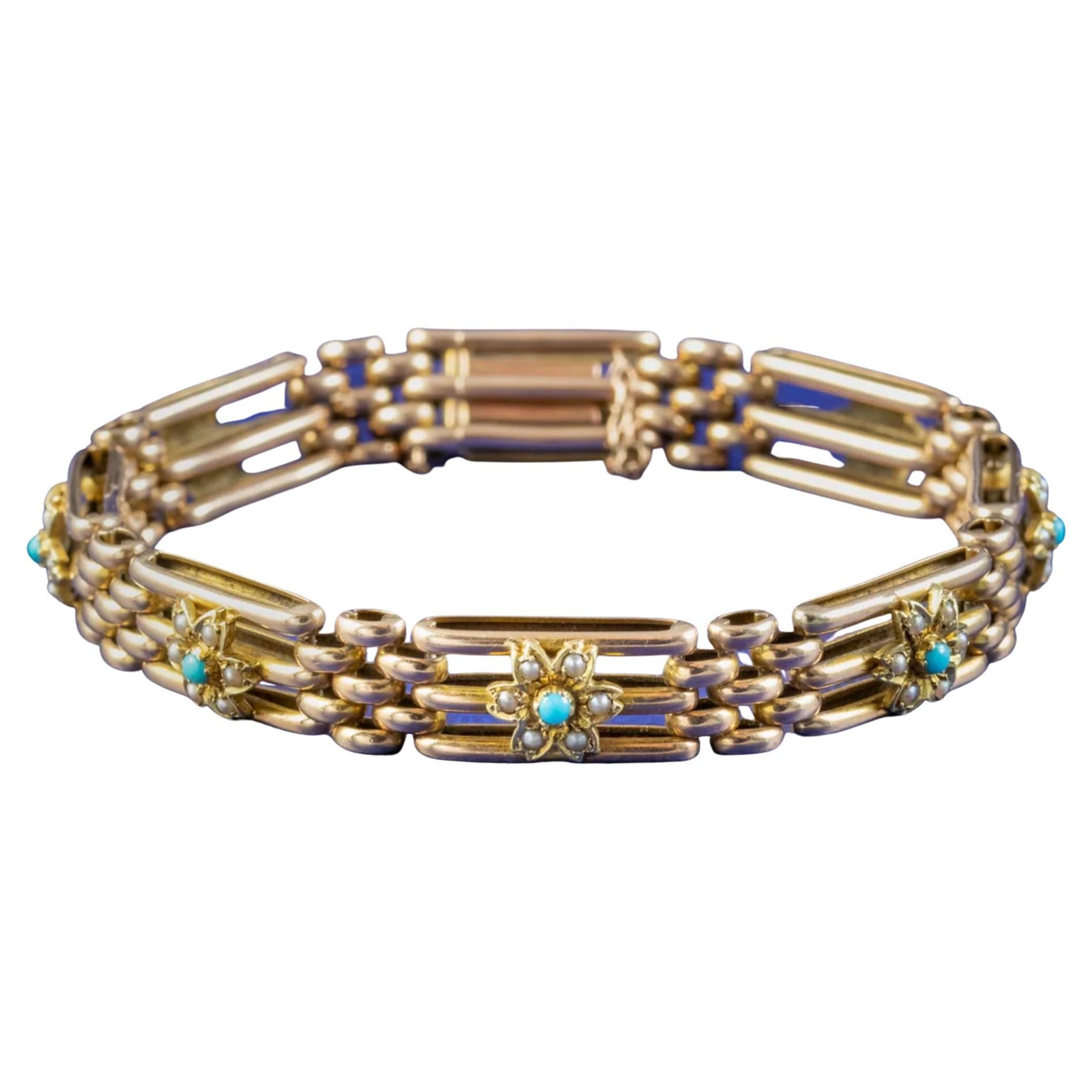 Bracelet ancien victorien à fleurs en or 15 carats et perles de turquoise
