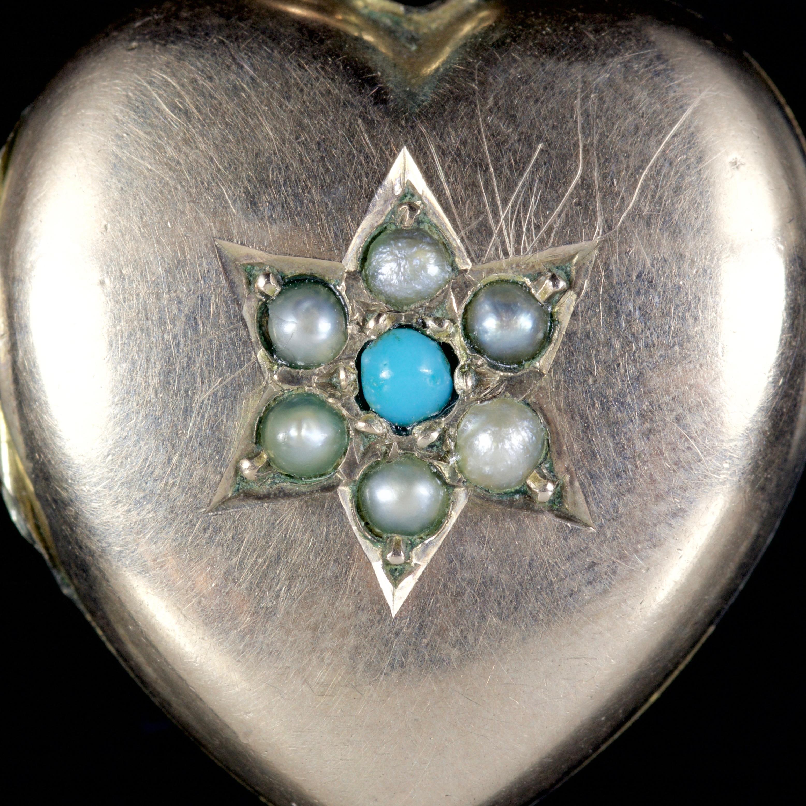 This adorable Victorian heart locket is set in 9ct Gold, Circa 1900. 

The locket is beautifully decorated in Pearls and a Turquoise resembling a star.

Turquoise stones are considered a symbol of friendship and were once said to bring good fortune