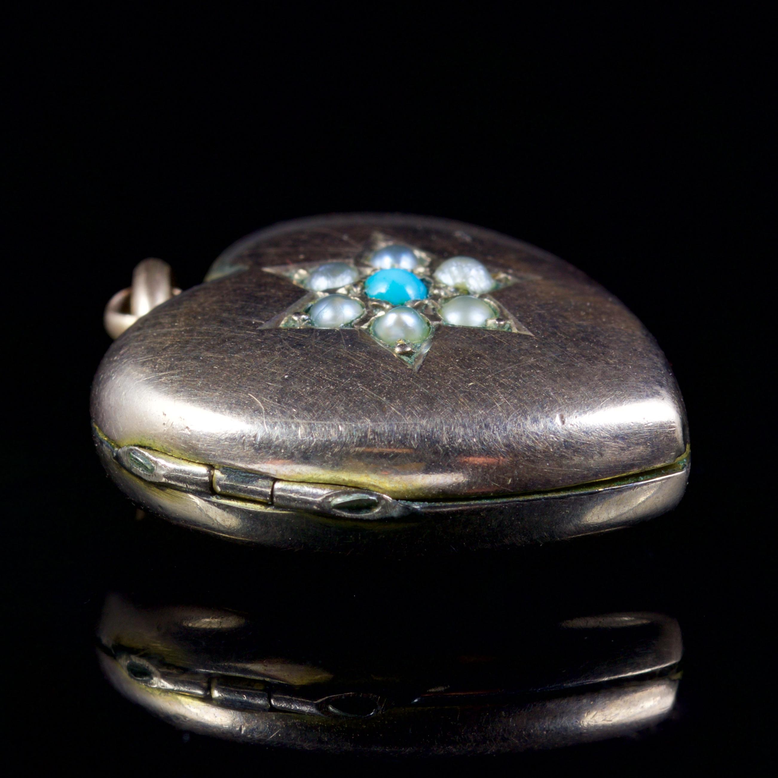 Antique Victorian Turquoise Pearl Heart Locket Gold, circa 1900 1