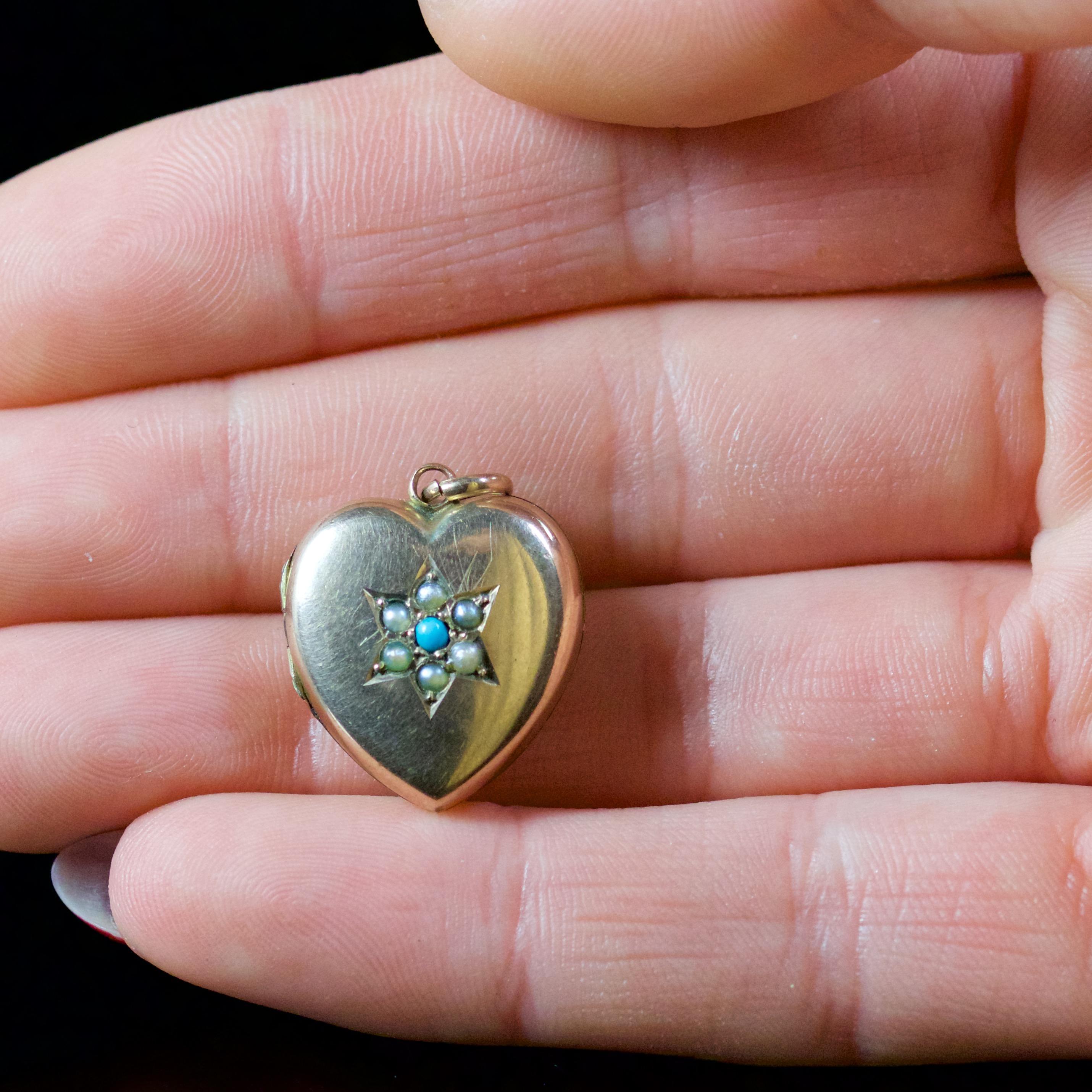 Antique Victorian Turquoise Pearl Heart Locket Gold, circa 1900 3