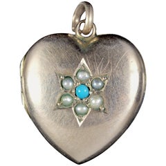 Antique Victorian Turquoise Pearl Heart Locket Gold, circa 1900