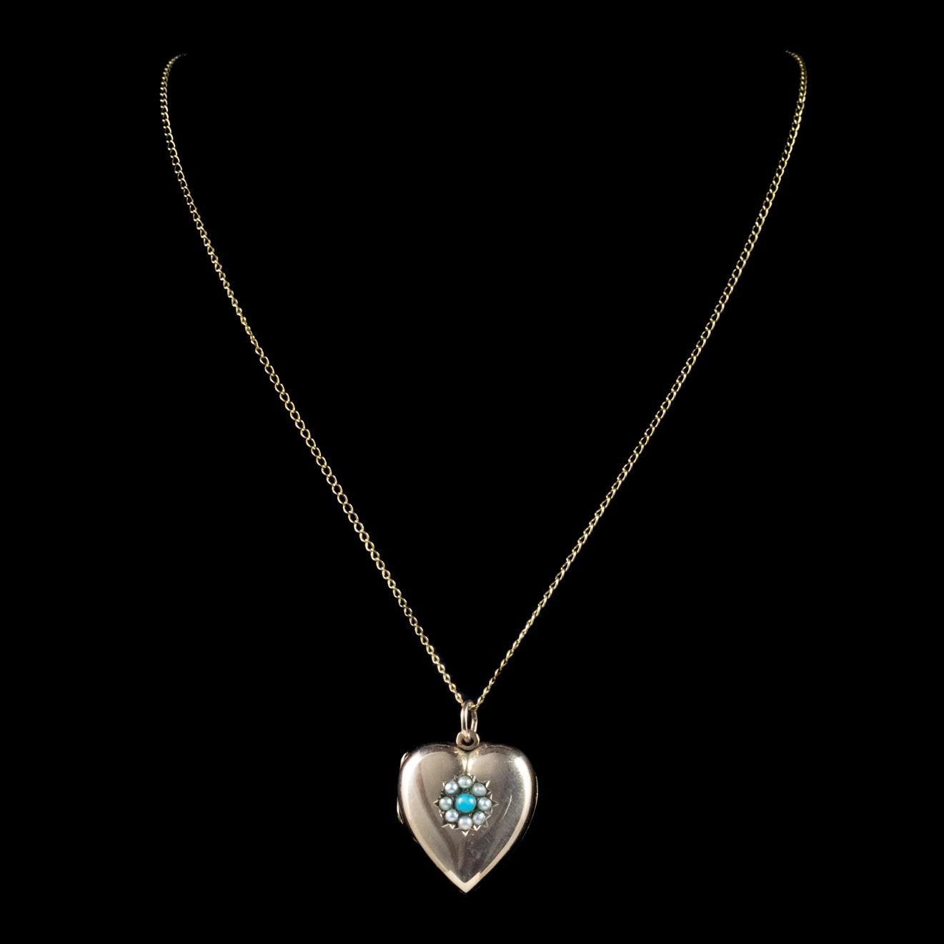Victorian Turquoise Pearl Heart Locket Necklace 9 Carat Gold Dated 1898 In Good Condition For Sale In Lancaster, Lancashire
