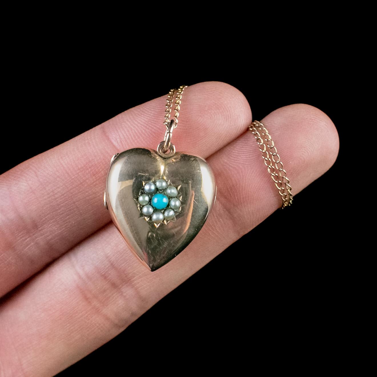 Victorian Turquoise Pearl Heart Locket Necklace 9 Carat Gold Dated 1898 For Sale 1