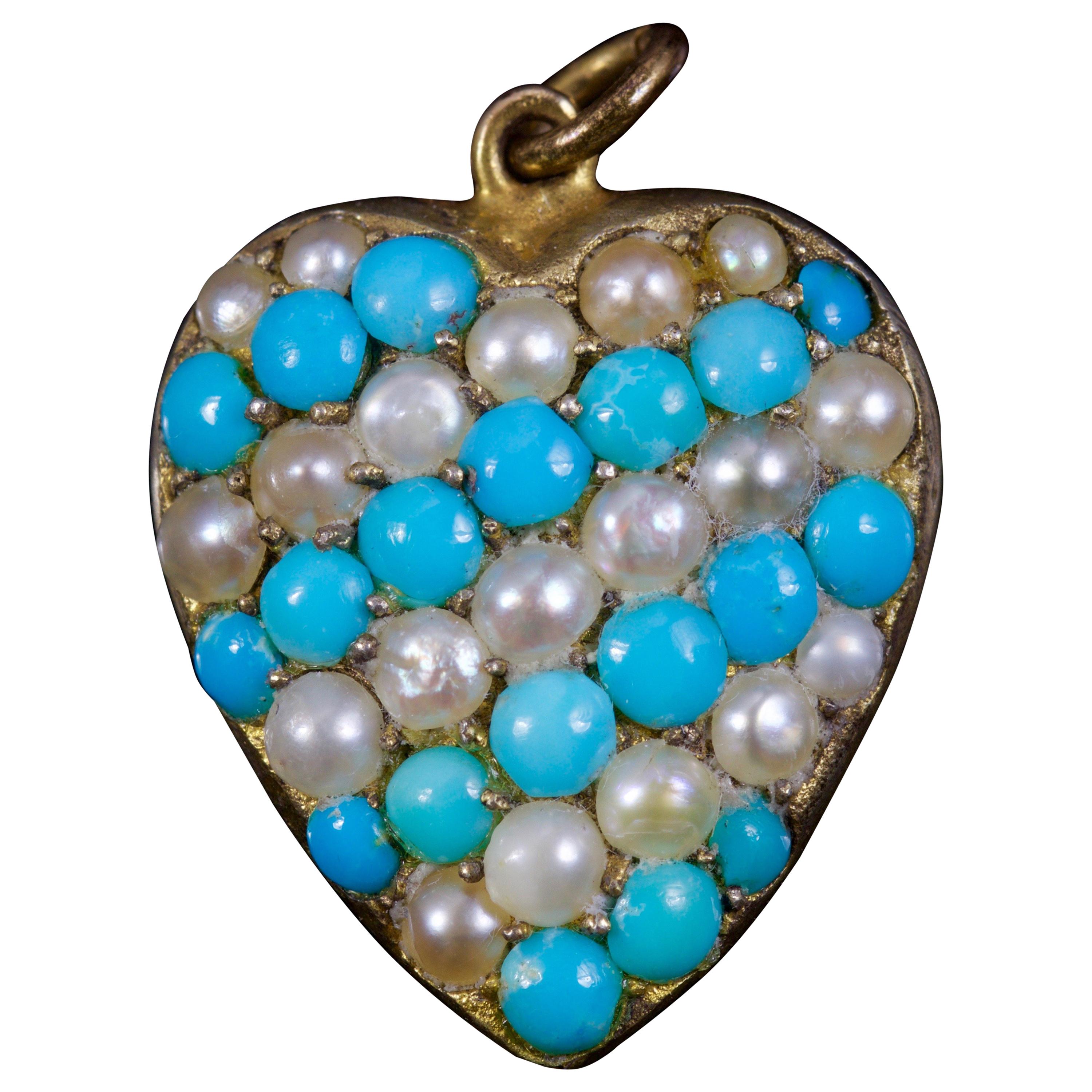 Antique Victorian Turquoise Pearl Heart Pendant, circa 1880 For Sale