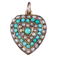 Antique Victorian Turquoise Pearl Heart Pendant Locket 18 Carat Gold, circa 1900