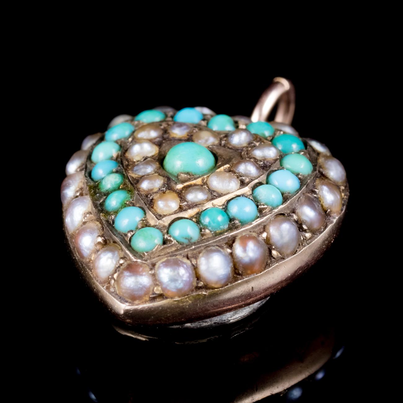 Antique Victorian Turquoise Pearl Heart Pendant Locket 18 Carat Gold, circa 1900 In Good Condition For Sale In Lancaster, Lancashire