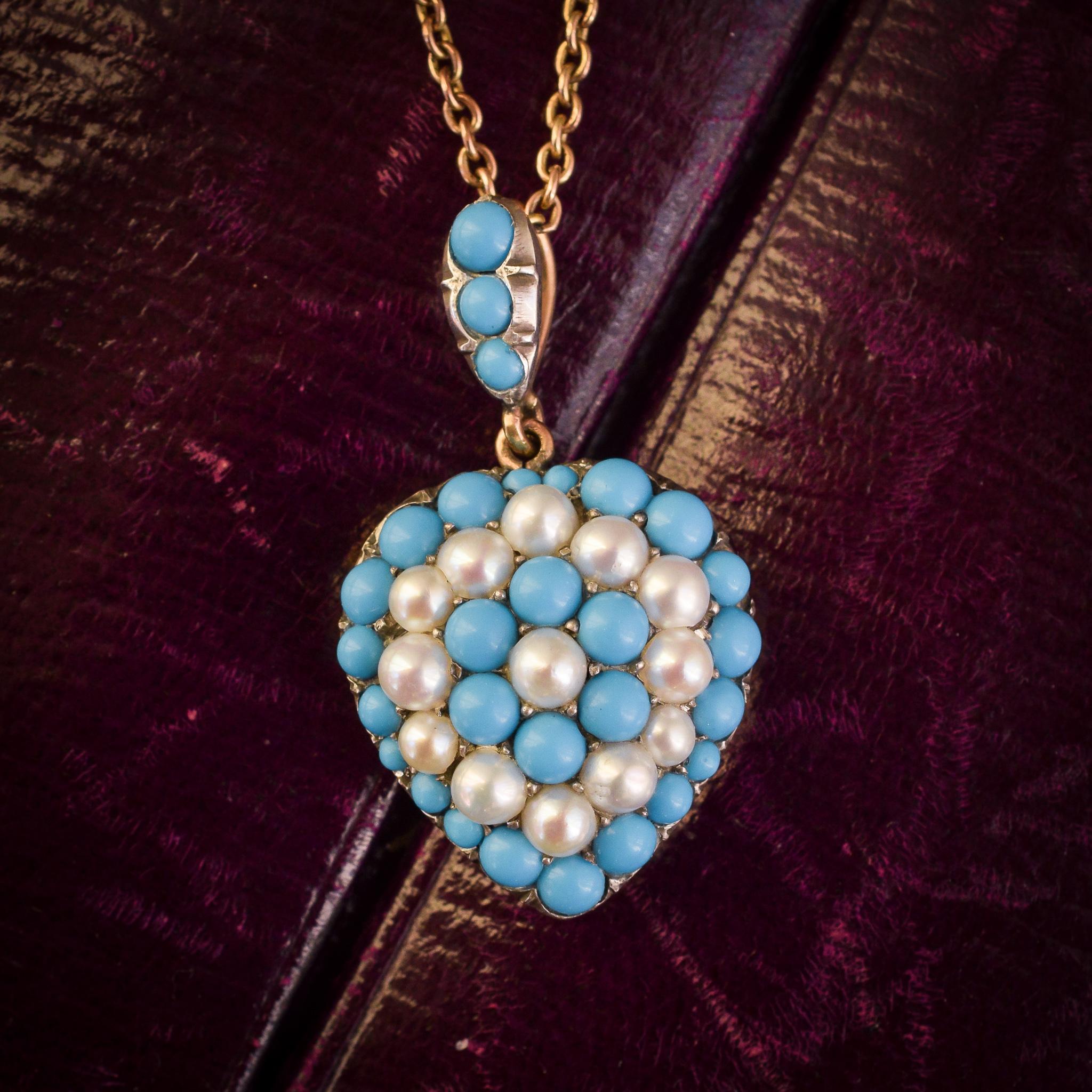 Women's Antique Victorian Turquoise Pearl Pavé Heart Pendant Necklace