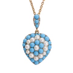 Antique Victorian Turquoise Pearl Pavé Heart Pendant Necklace