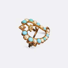 Antique Victorian Turquoise Pearl Witch's Heart Brooch