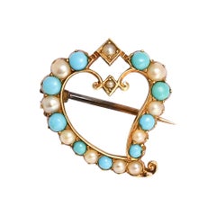 Antique Victorian Turquoise Pearl Witch's Heart Brooch