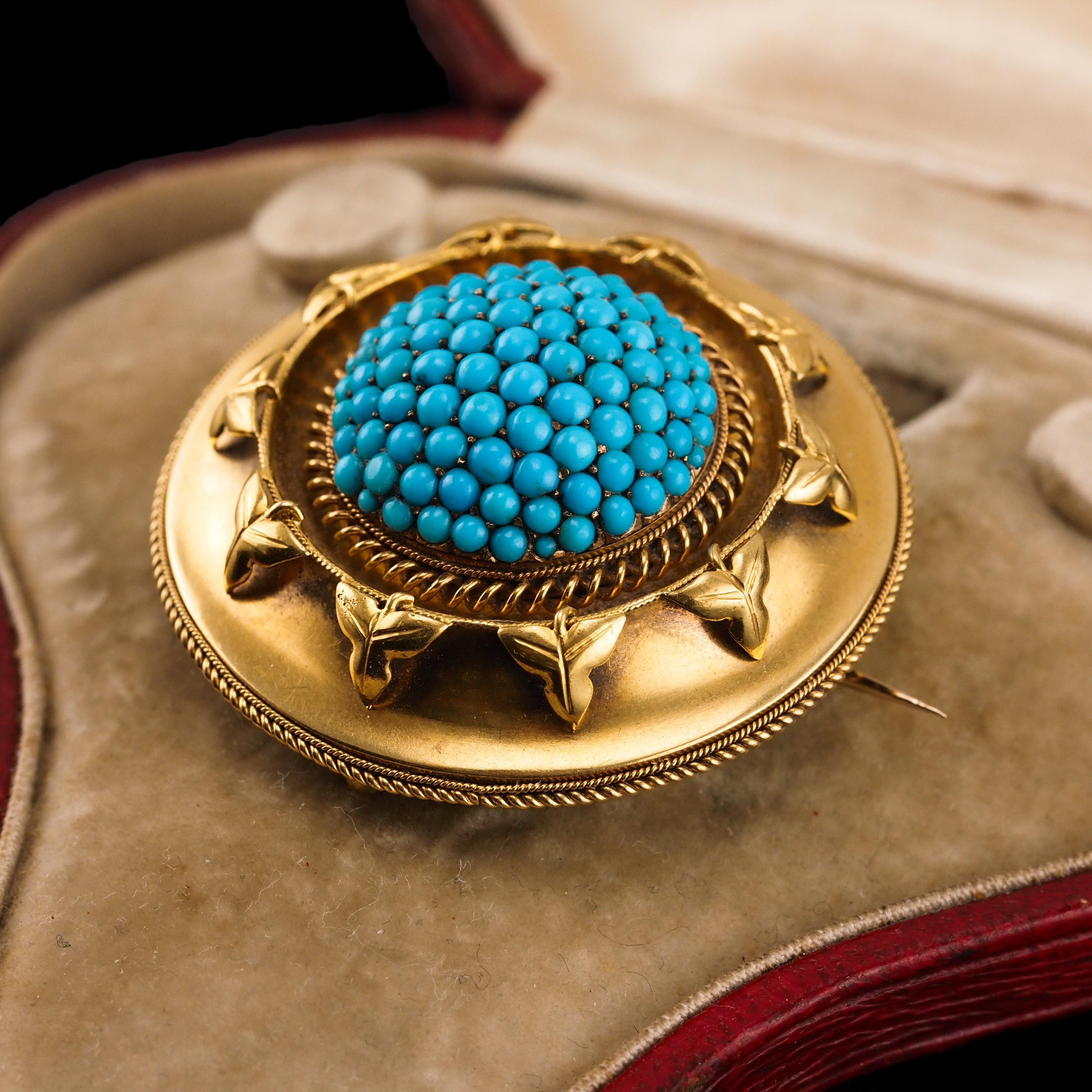 Antique Victorian Turquoise Pendant Necklace Brooch 18K Gold Etruscan c.1880 For Sale 5