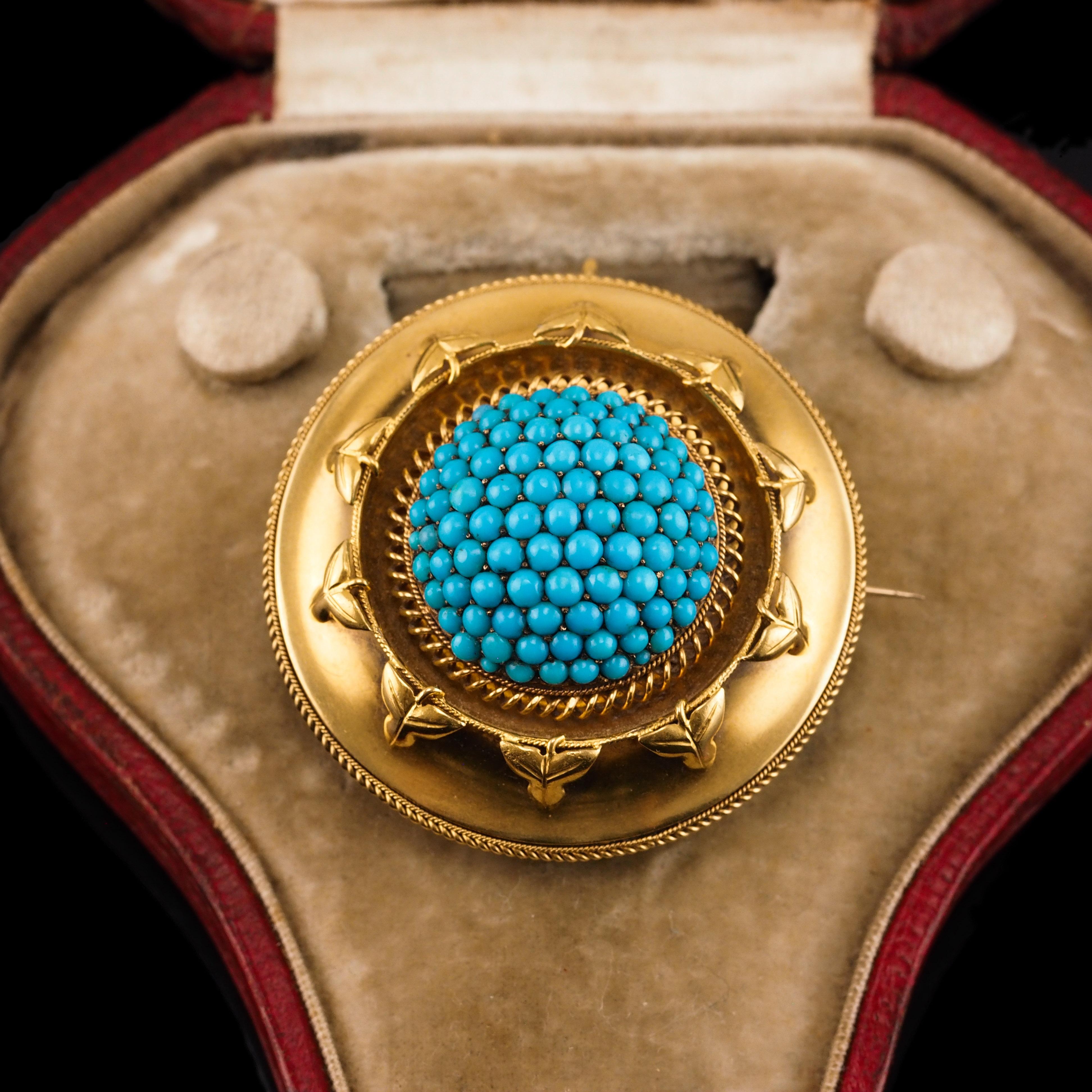Antique Victorian Turquoise Pendant Necklace Brooch 18K Gold Etruscan c.1880 For Sale 6