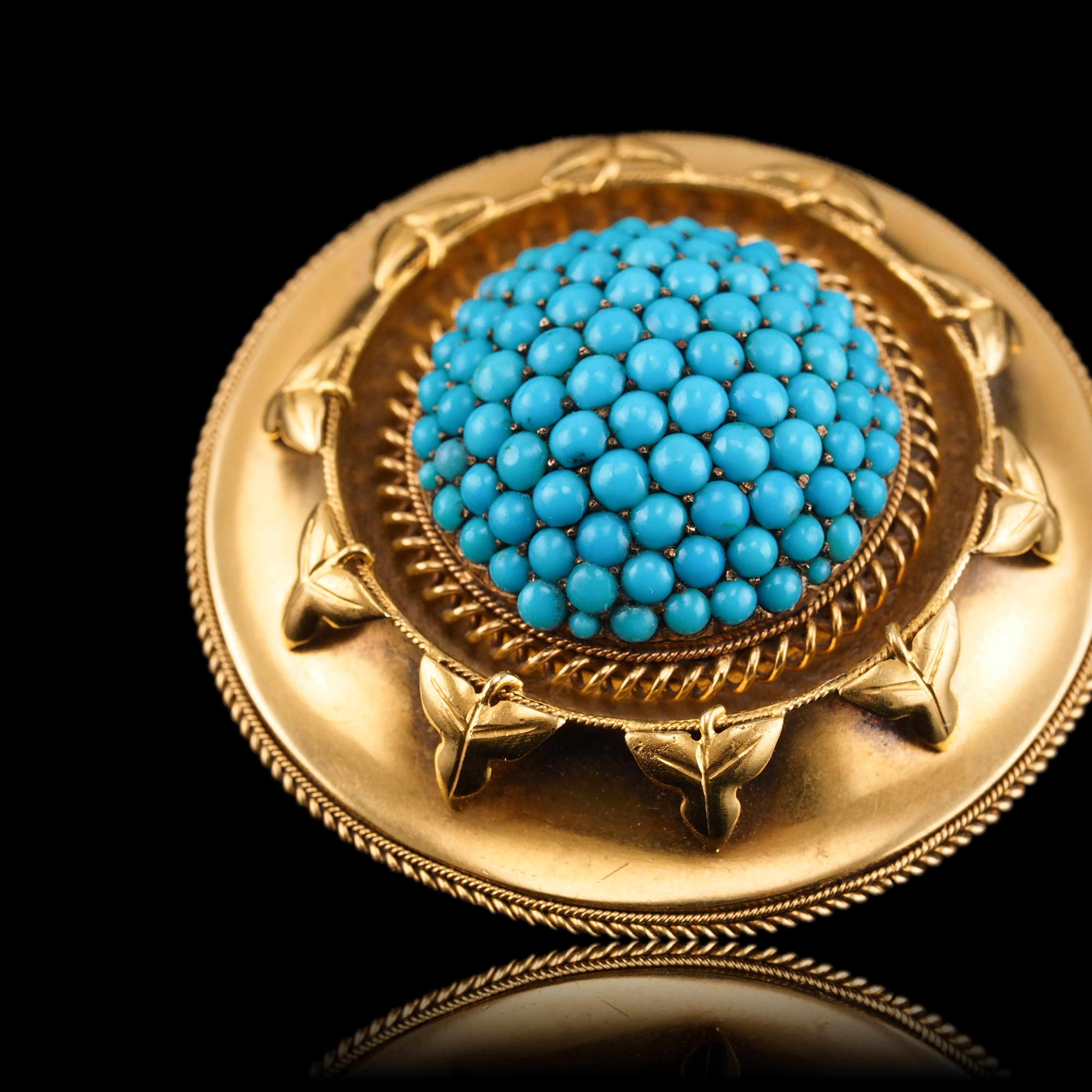 Antique Victorian Turquoise Pendant Necklace Brooch 18K Gold Etruscan c.1880 For Sale 7