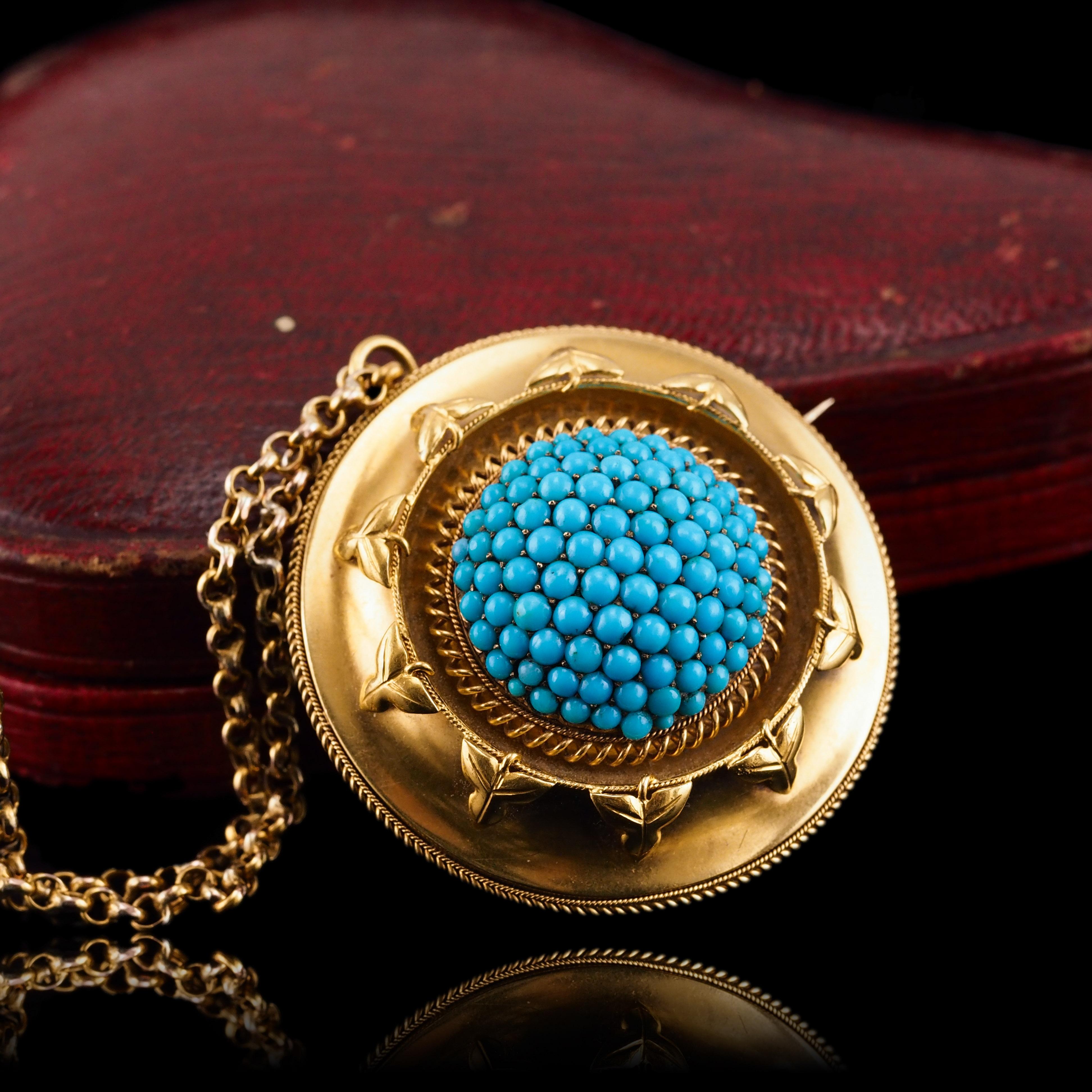 Cabochon Antique Victorian Turquoise Pendant Necklace Brooch 18K Gold Etruscan c.1880 For Sale