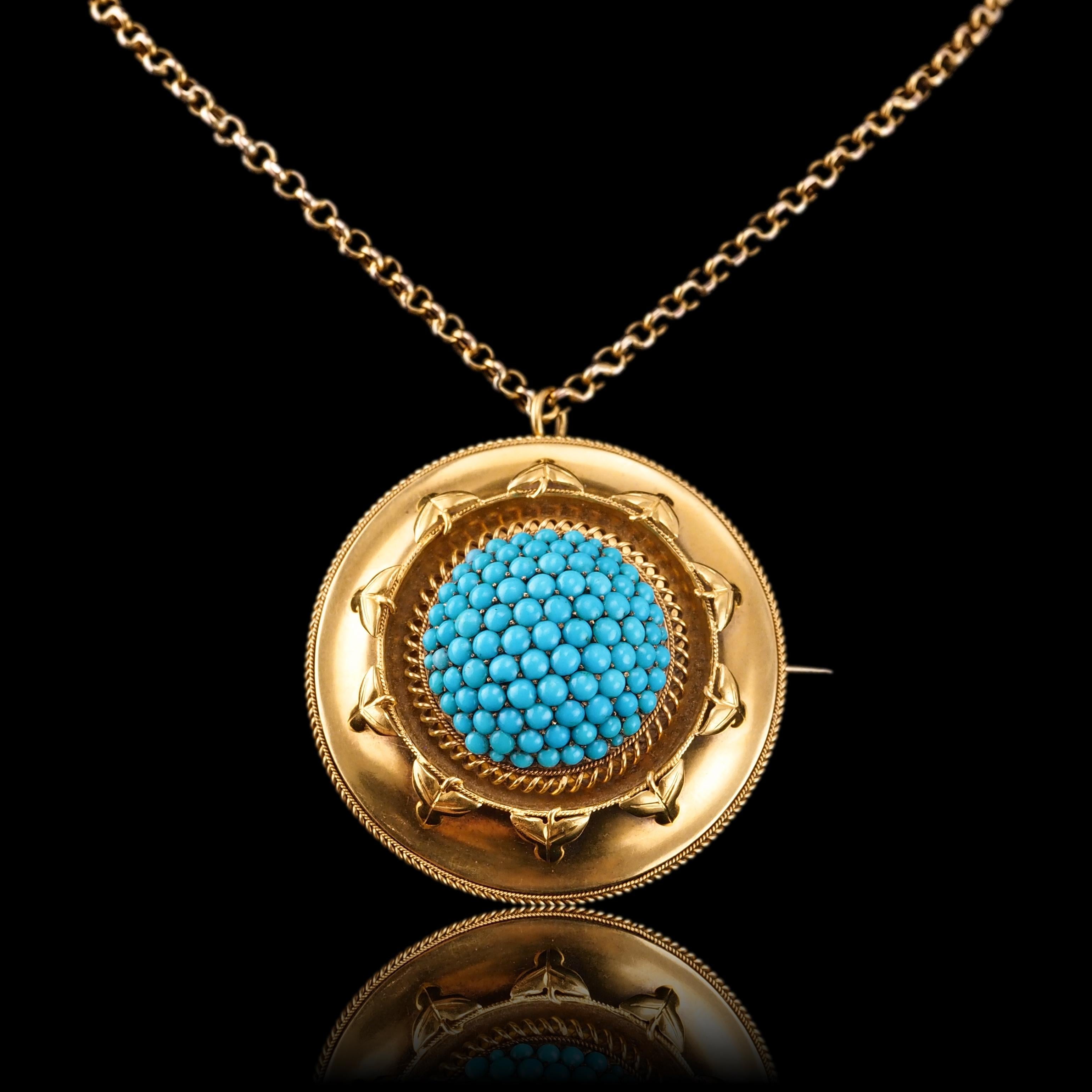 Women's or Men's Antique Victorian Turquoise Pendant Necklace Brooch 18K Gold Etruscan c.1880 For Sale
