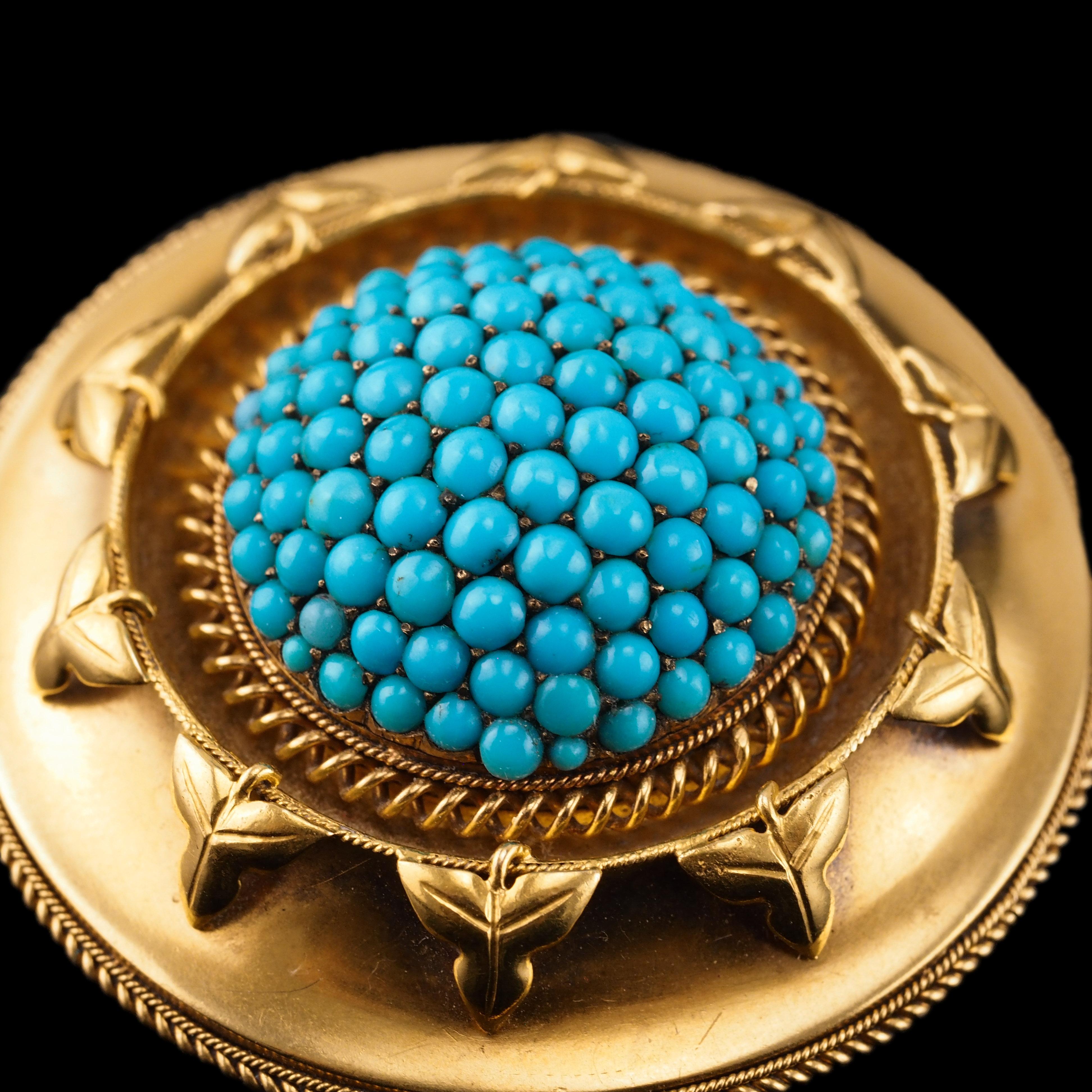 Antique Victorian Turquoise Pendant Necklace Brooch 18K Gold Etruscan c.1880 For Sale 1