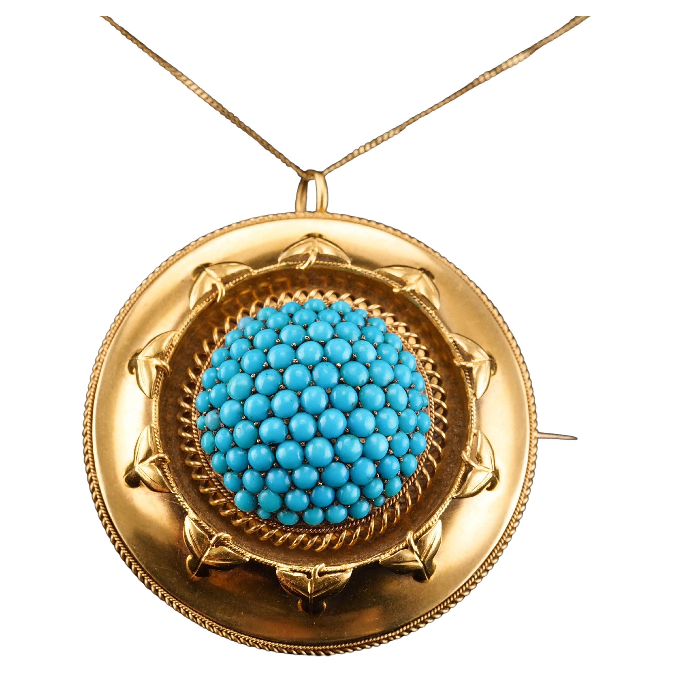 Collier pendentif et broche étrusque victorien ancien en or 18 carats avec turquoise, c. 1880