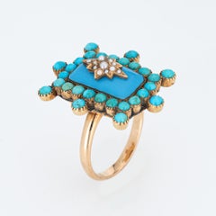 Antique Victorian Turquoise Ring Pearl 14k Yellow Gold Cocktail Sz 7 Jewelry