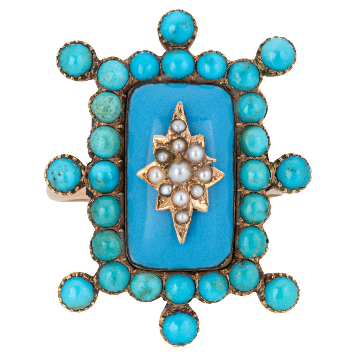 Antique Victorian Turquoise Ring Pearl 14k Yellow Gold Cocktail Sz 7 Jewelry