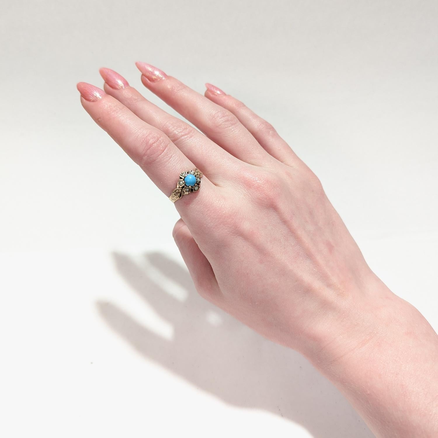 Antique Victorian Turquoise, Seed Pearl and 10k Rose Gold Ring For Sale 5