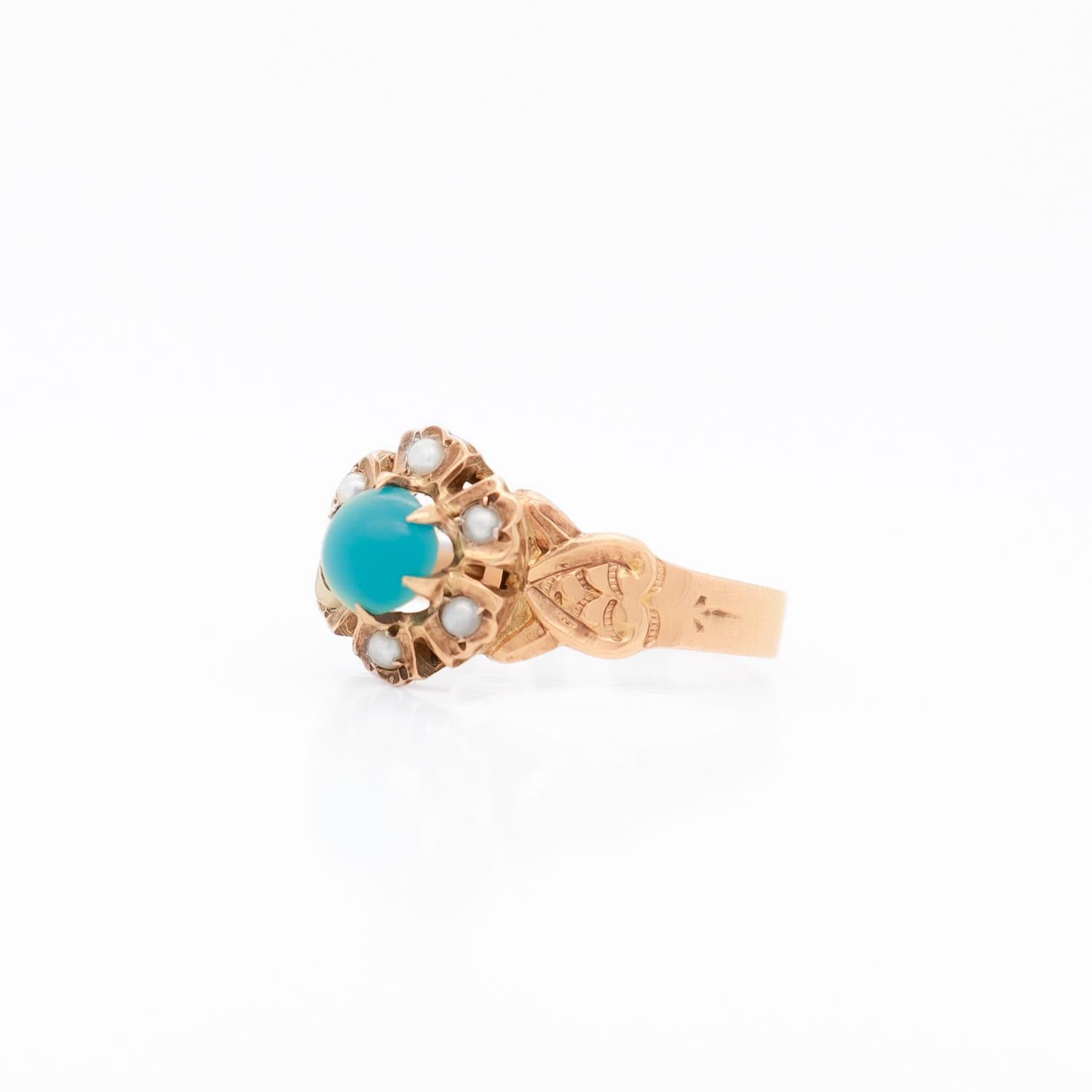 Antique Victorian Turquoise, Seed Pearl and 10k Rose Gold Ring In Good Condition For Sale In Philadelphia, PA
