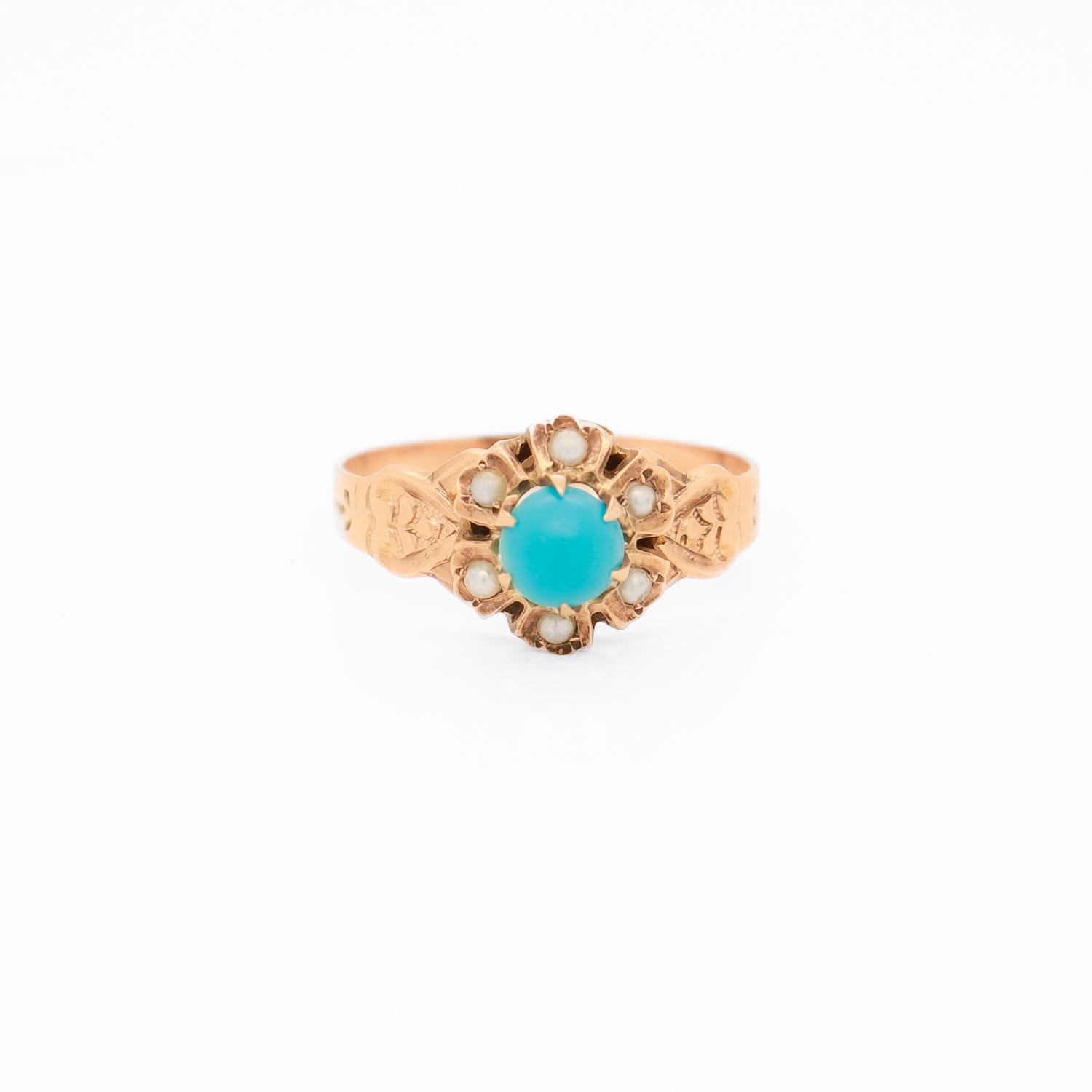 Antique Victorian Turquoise, Seed Pearl and 10k Rose Gold Ring For Sale 1
