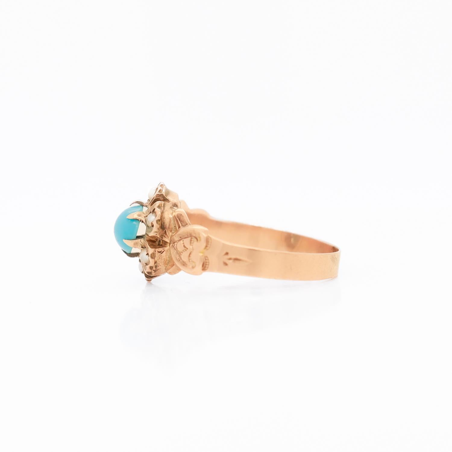 Antique Victorian Turquoise, Seed Pearl and 10k Rose Gold Ring For Sale 2
