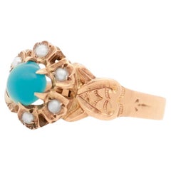 Bague victorienne ancienne en or rose 10 carats, turquoise, perles naturelles