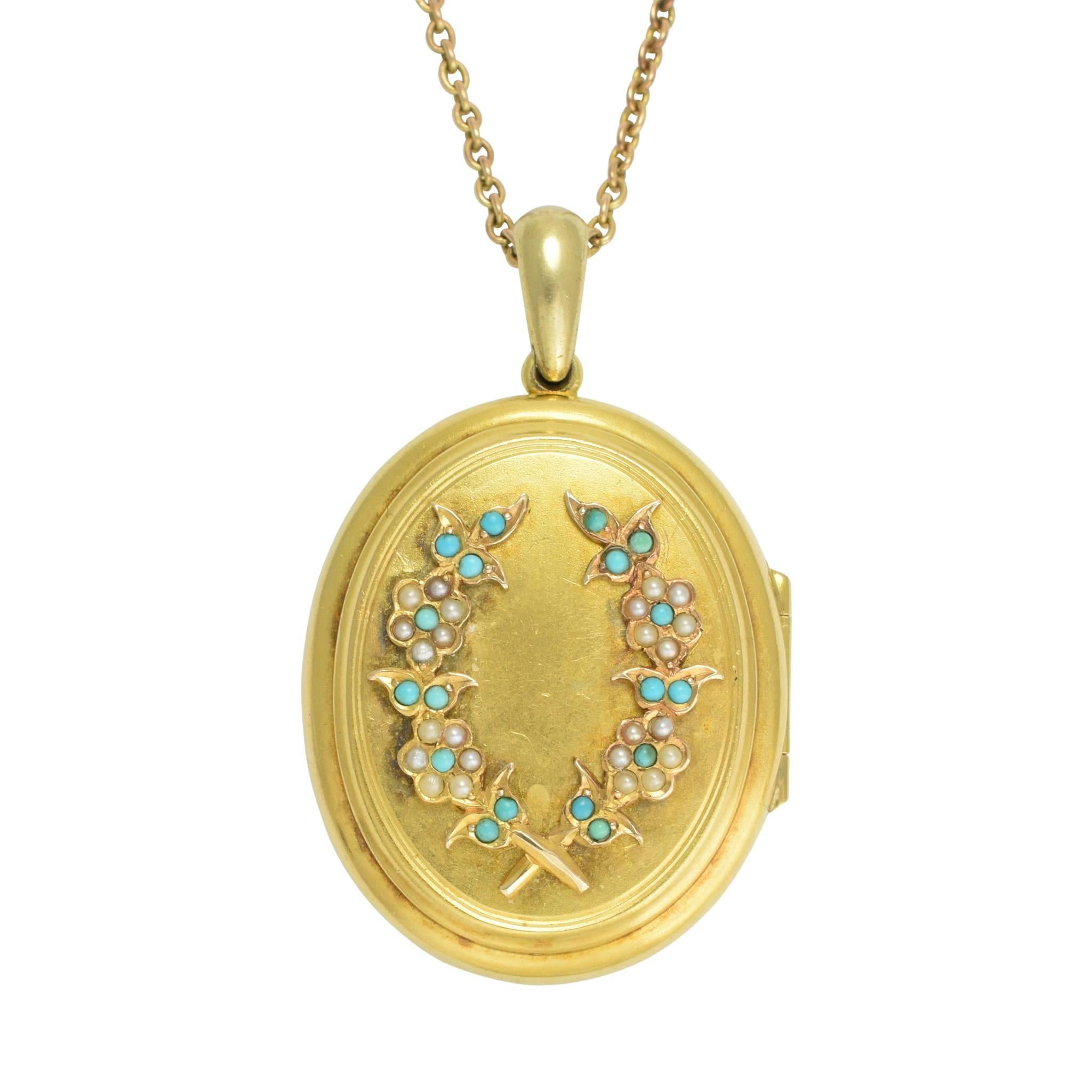 Antique Victorian Turquoise Seed Pearl Laurel Gold Locket Necklace