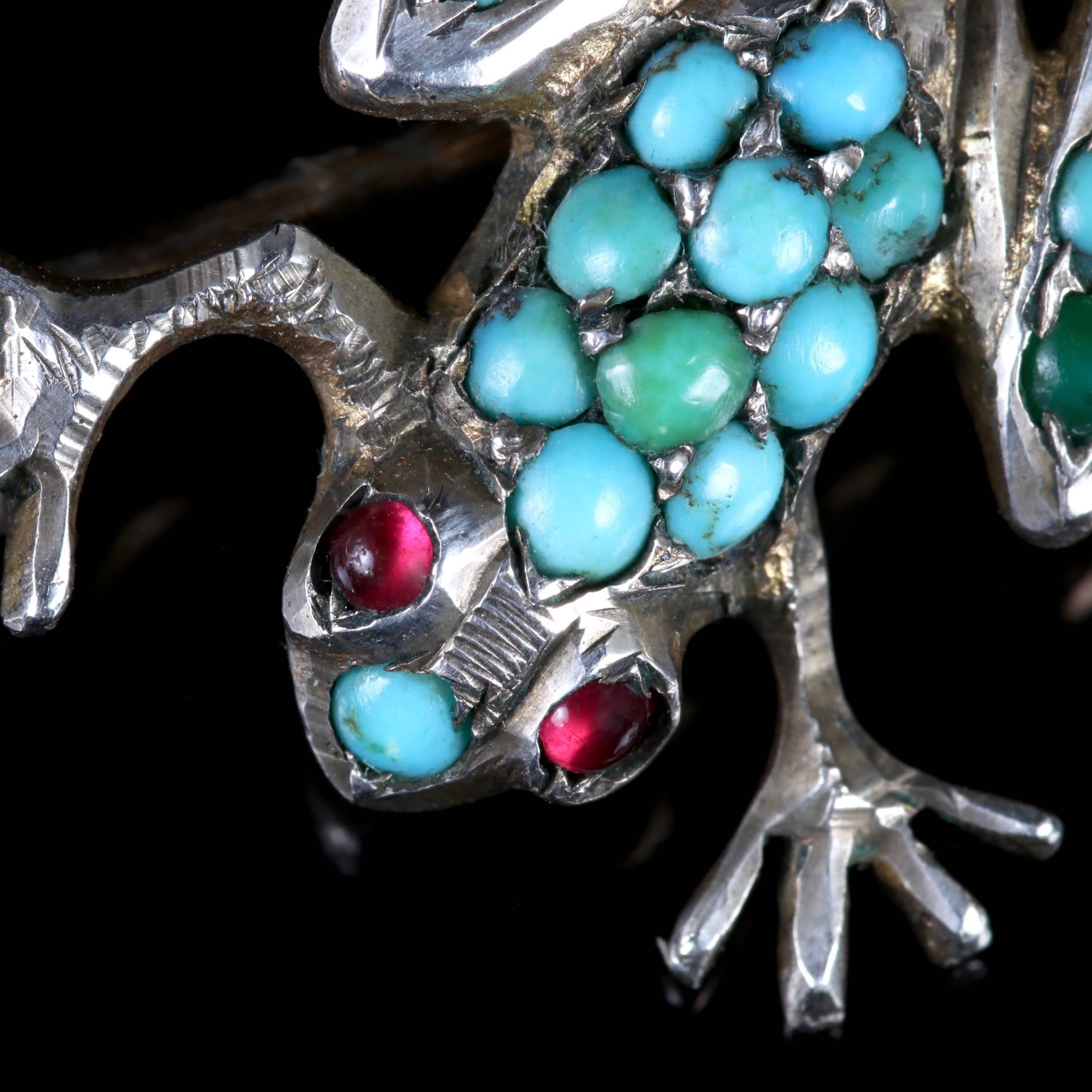 This delightful Victorian Silver frog brooch is adorned with Turquoises and Garnet set eyes, Circa 1900.

The brooch displays a number of Turquoise’s which compliment this little brooch beautifully.

Turquoise fluctuates in colours as you can see