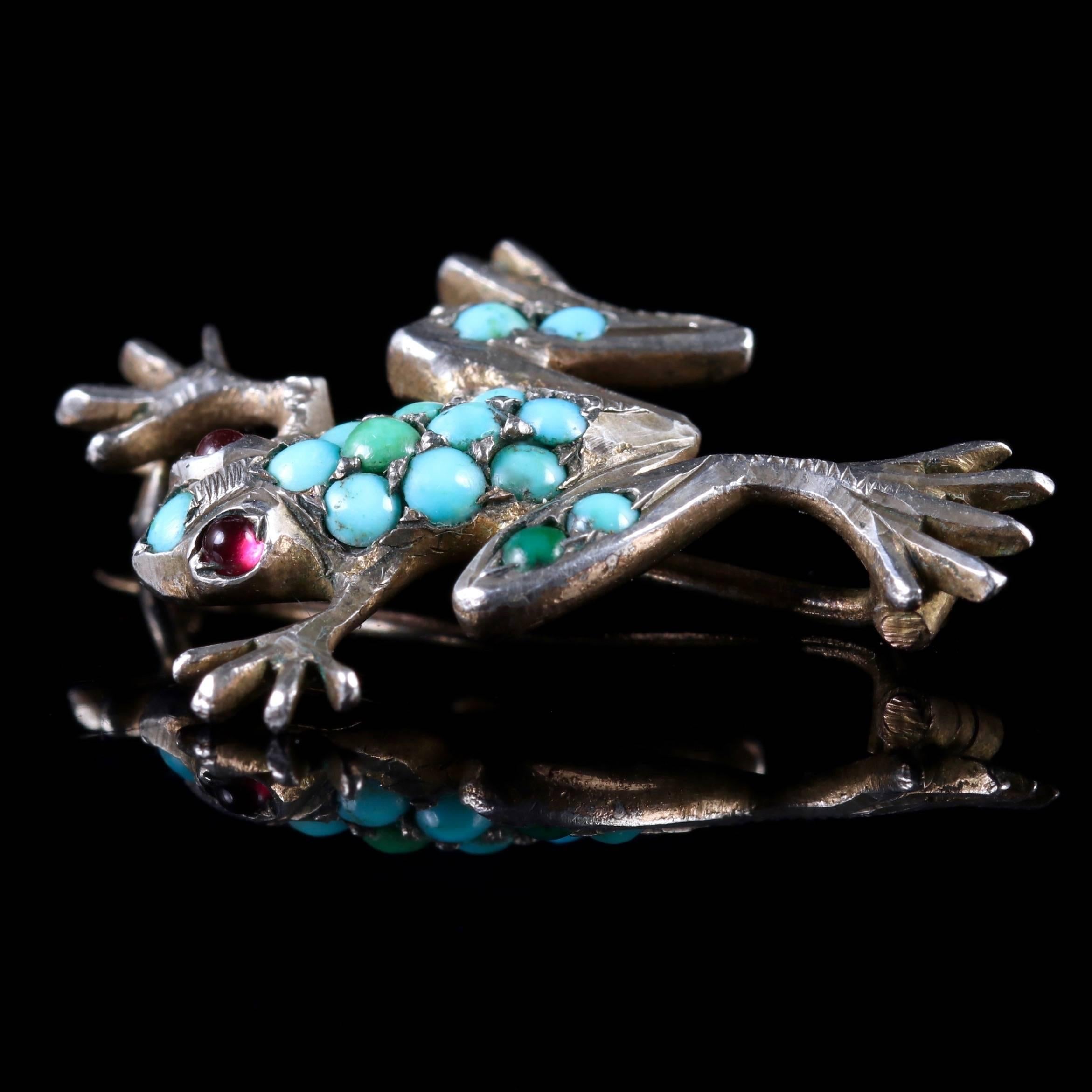 Antique Victorian Turquoise Silver Frog Brooch, circa 1900 In Excellent Condition In Lancaster, Lancashire