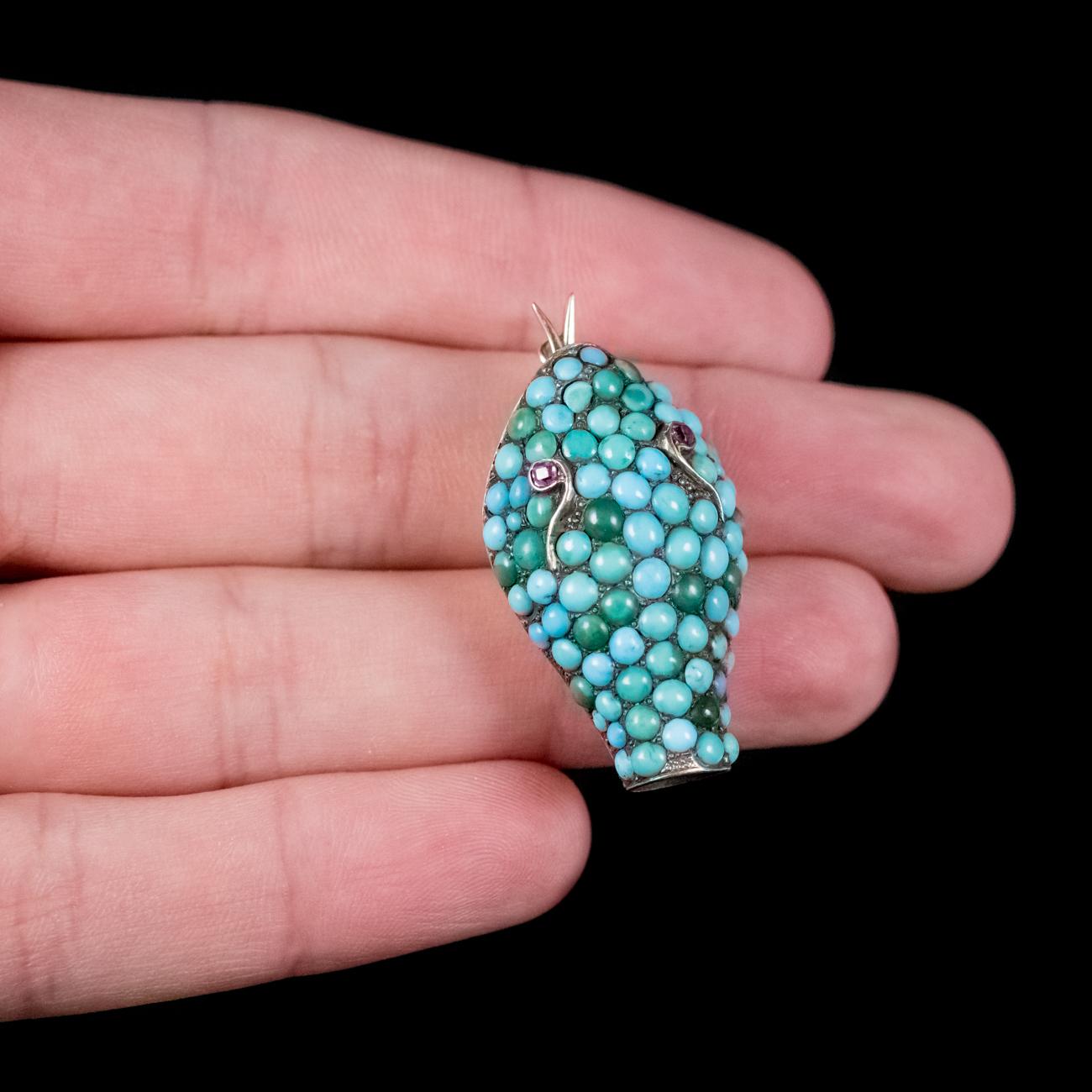 Antique Victorian Turquoise Snake Head Snapper Ruby Eyes 18ct Gold Circa 1900 For Sale 1