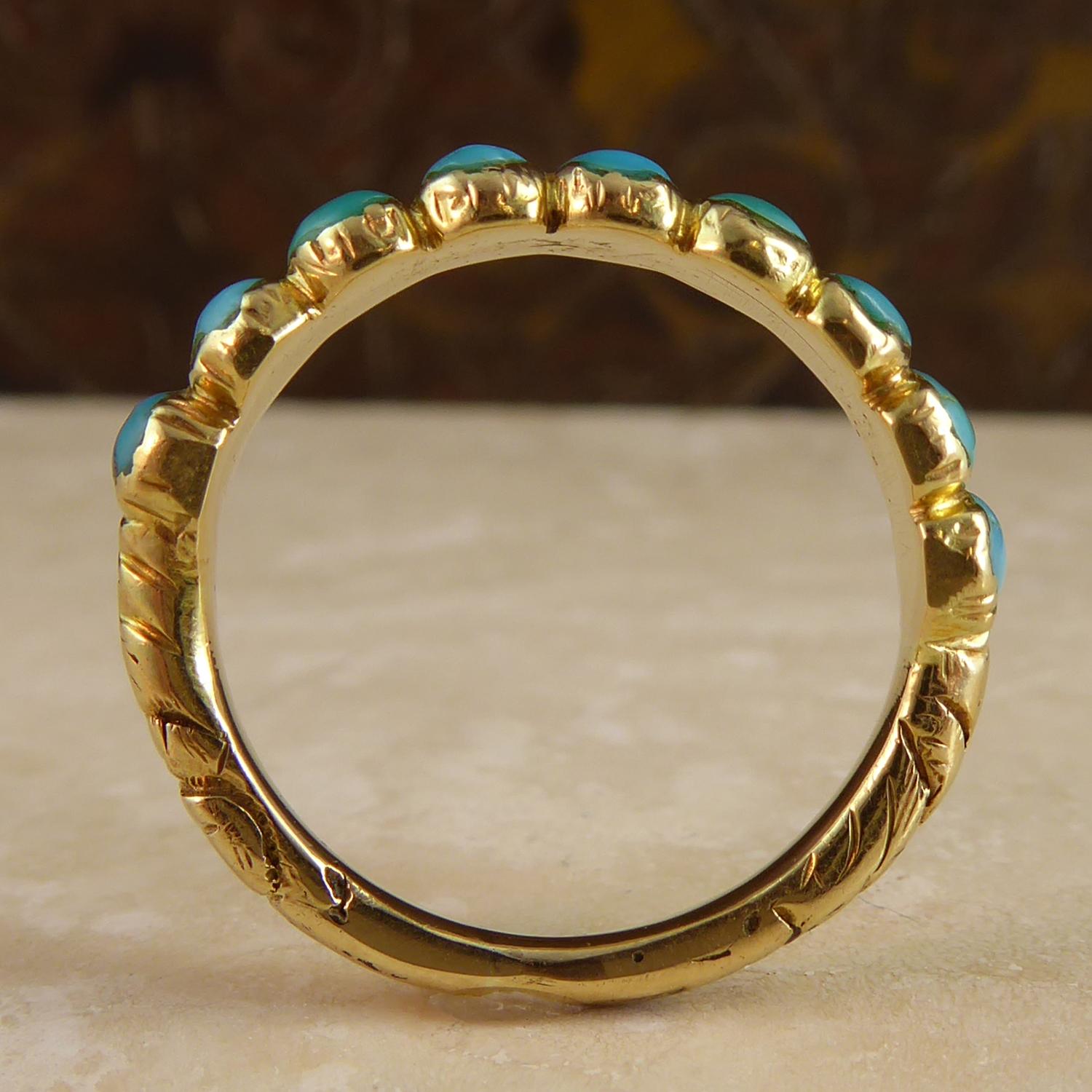 Antique Victorian Turquoise Wedding Ring, Engraved Shoulders, 15 Carat Gold In Fair Condition In Yorkshire, West Yorkshire