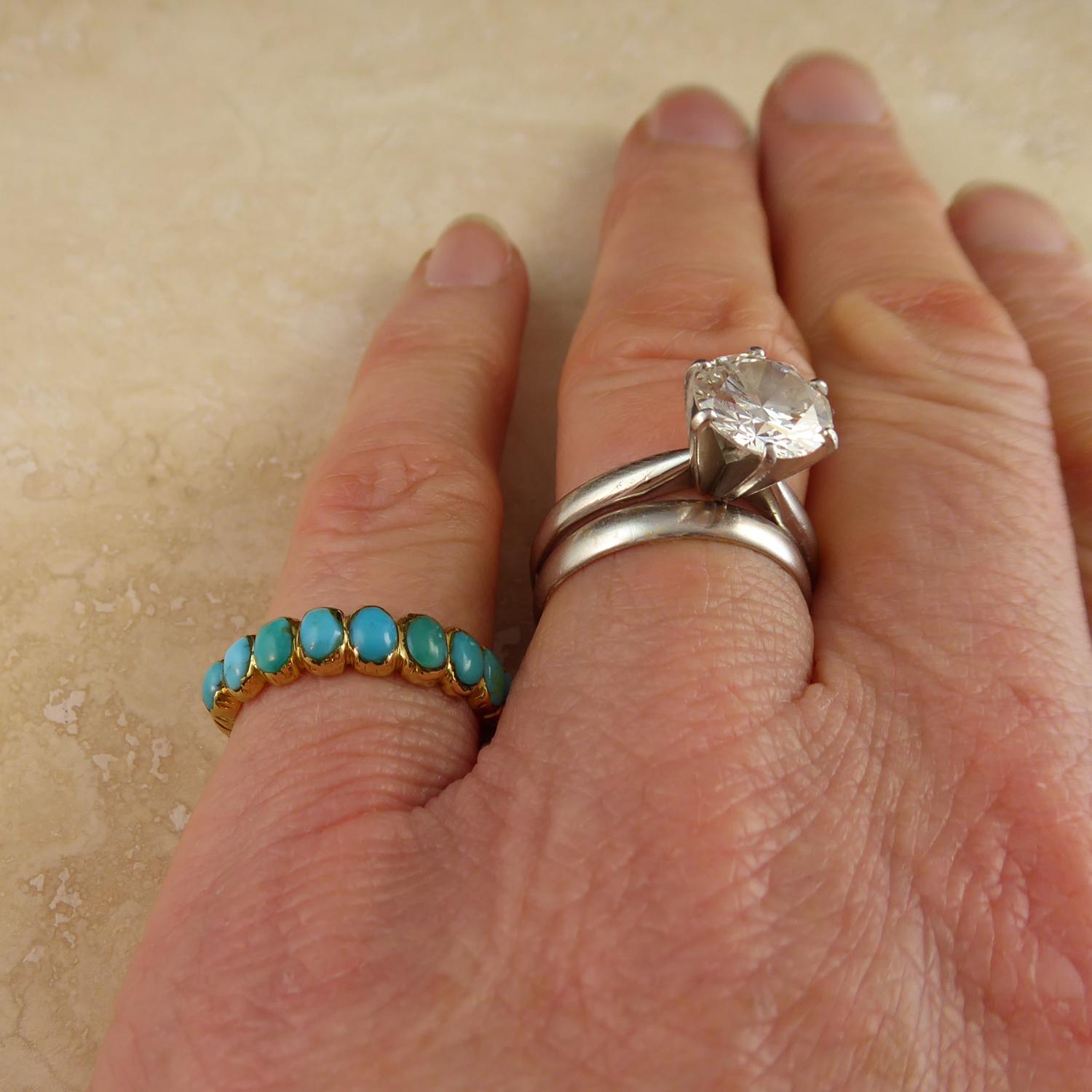 Women's Antique Victorian Turquoise Wedding Ring, Engraved Shoulders, 15 Carat Gold