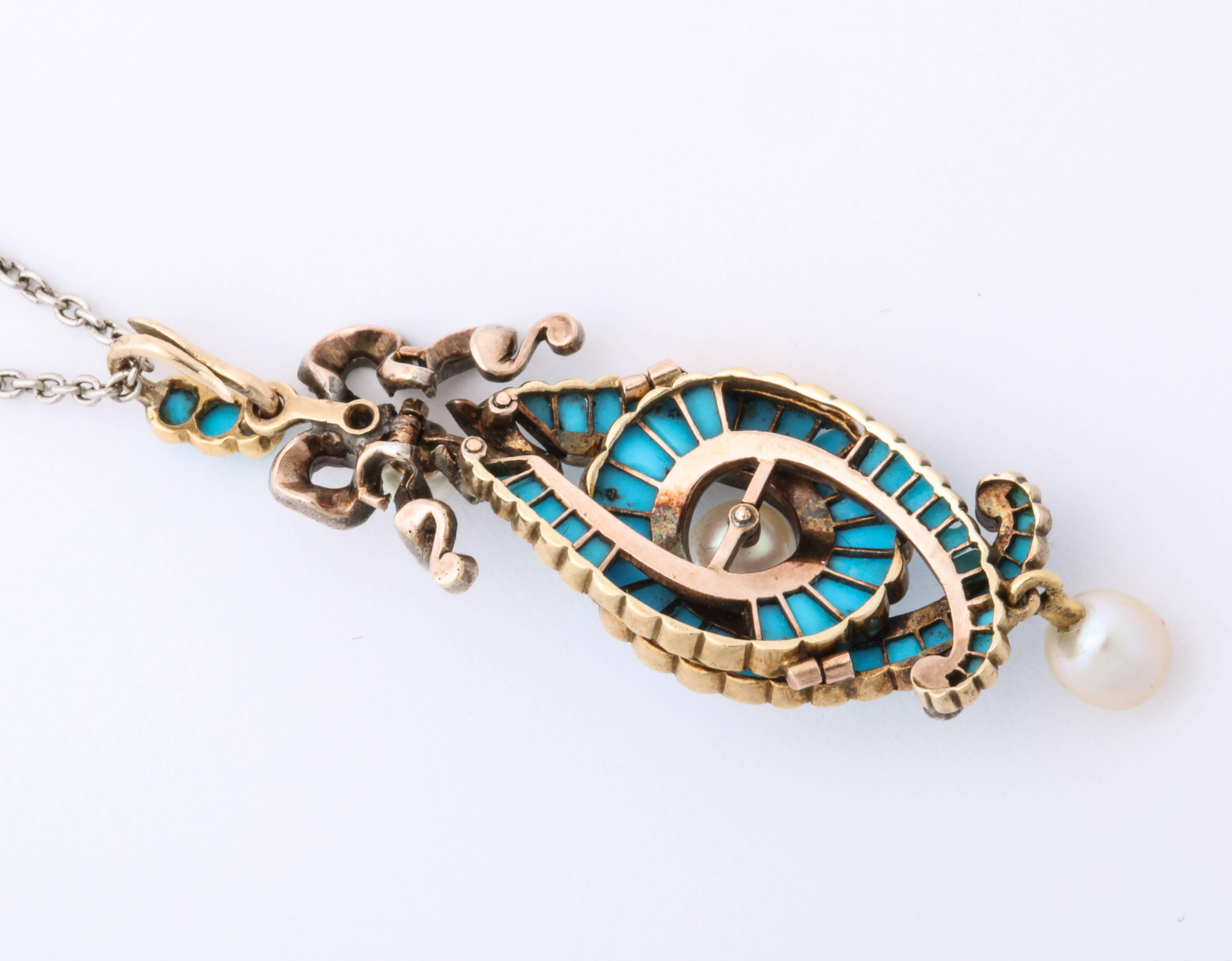 Antike viktorianische Halskette mit Türkis, Diamant und Perle im Zustand „Hervorragend“ im Angebot in Stamford, CT