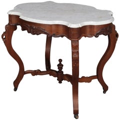 Antique Victorian Turtle Top Carved Walnut and Bevelled Marble Centre Table
