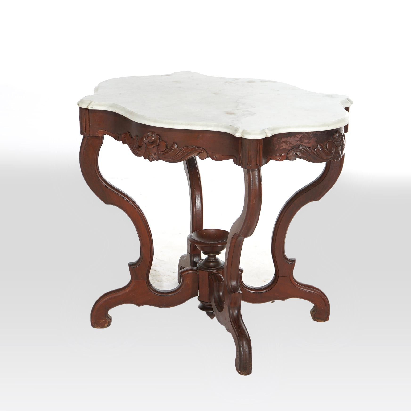 American Antique Victorian Turtle Top Marble & Carved Walnut Parlor Table Circa 1890