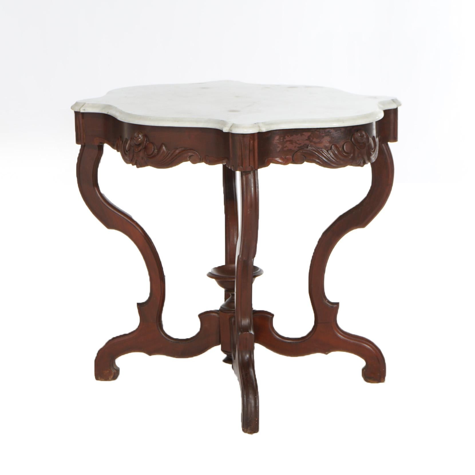 Antique Victorian Turtle Top Marble & Carved Walnut Parlor Table Circa 1890 In Good Condition In Big Flats, NY