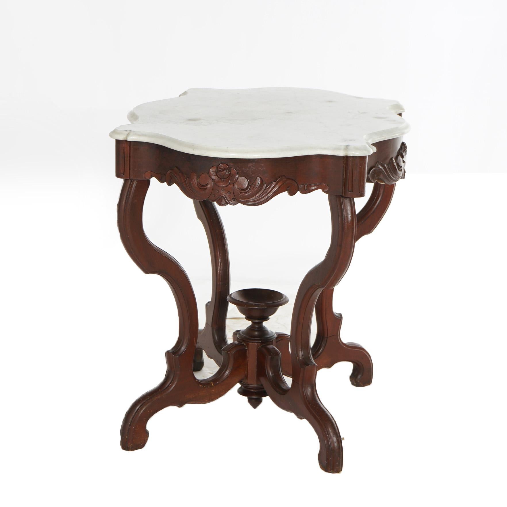 19th Century Antique Victorian Turtle Top Marble & Carved Walnut Parlor Table Circa 1890