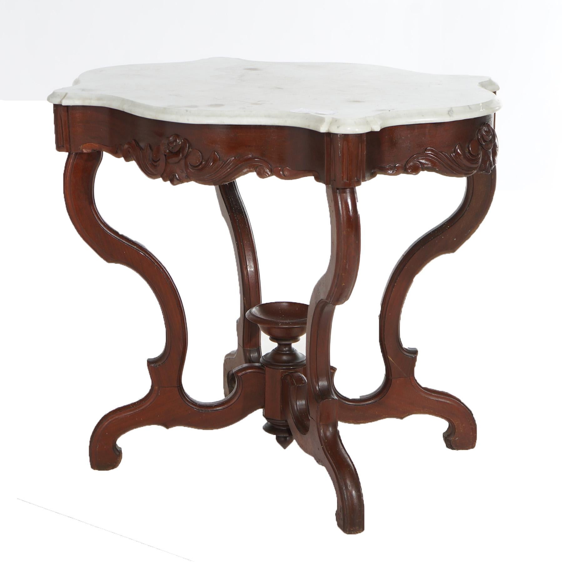 Antique Victorian Turtle Top Marble & Carved Walnut Parlor Table Circa 1890 1