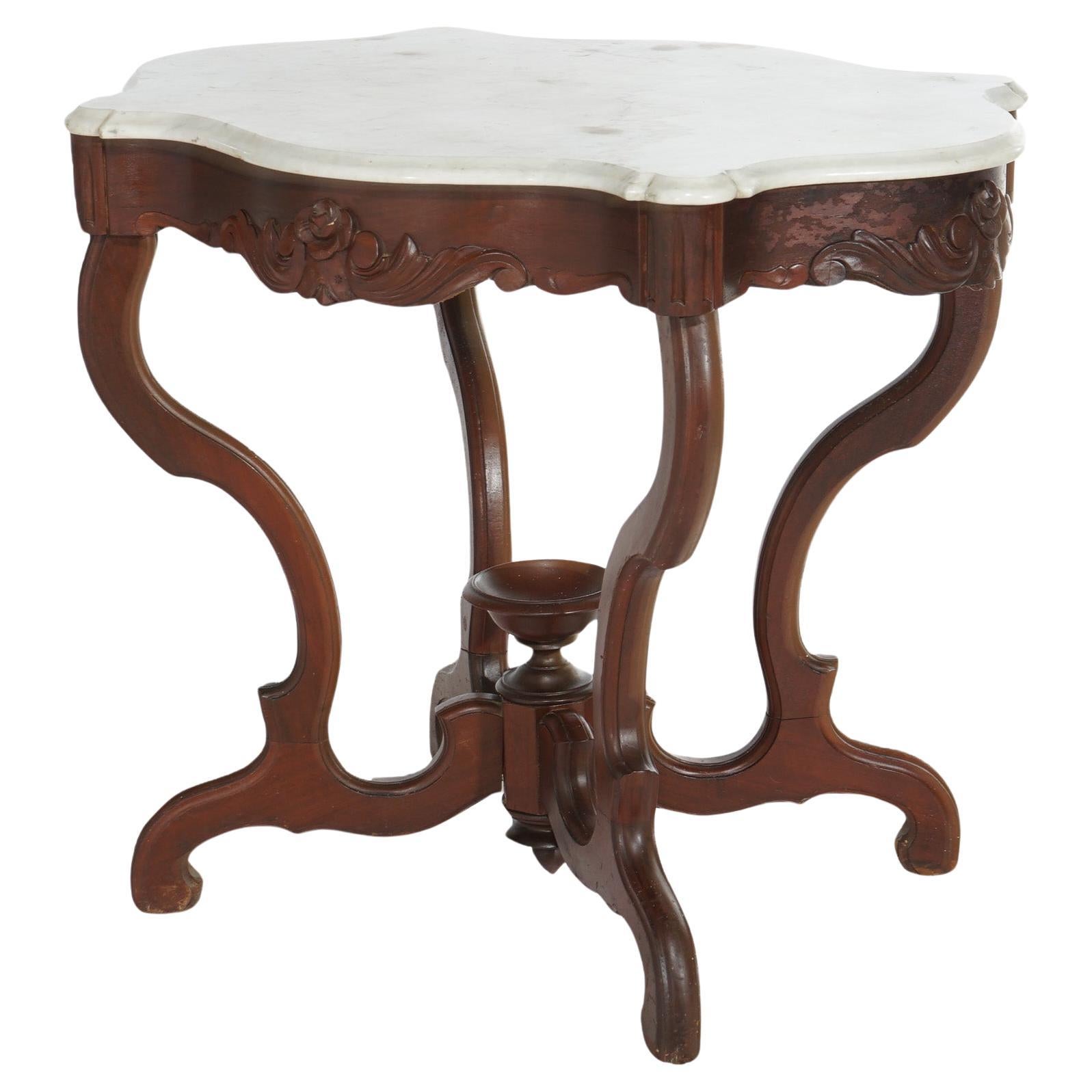 Antique Victorian Turtle Top Marble & Carved Walnut Parlor Table Circa 1890