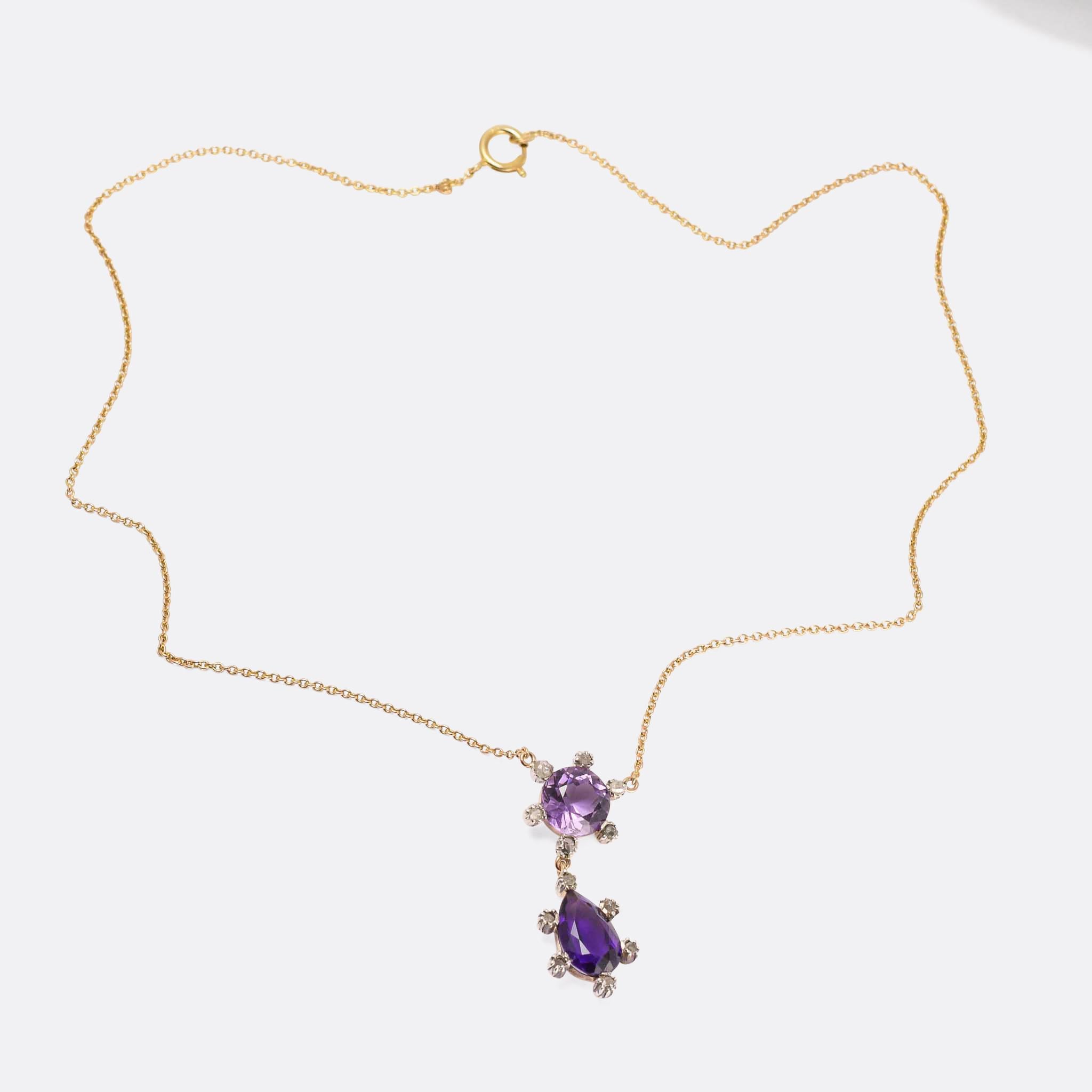 A particularly lovely Victorian necklace set with amethysts and diamonds. It dates from the 1880s, and the two amethysts differ in cut and in colour: the top stone is round faceted and a pale purple hue, while the bottom one is a pear shape cut and