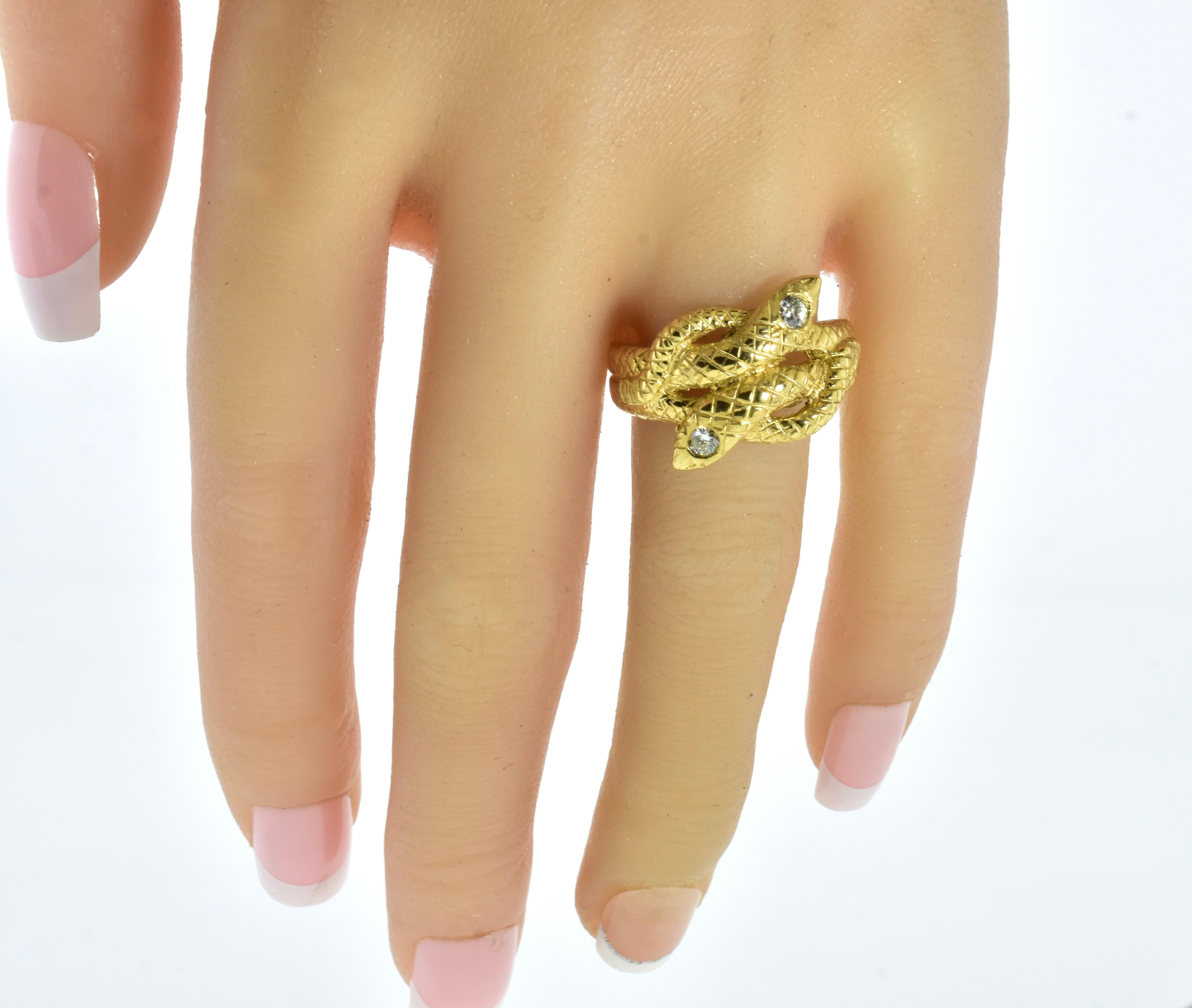 Old Mine Cut Antique Twin Serpent  Ring symbolizing eternal love in gold with  Diamonds 1880 For Sale