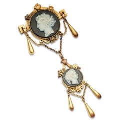 Antique Victorian Two Carved Onyx Cameos Gold Statement Brooch Pin Pendant