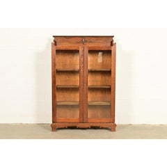 Antique Victorian Two-Door Carved Oak Bookcase Cabinet, Circa 1900