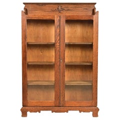 Antique Victorian Two-Door Carved Oak Bookcase Cabinet, Circa 1900