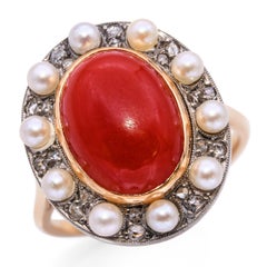 Antique Victorian Two-Tone Coral, Pearl and Rose Cut Diamond Statement Ring