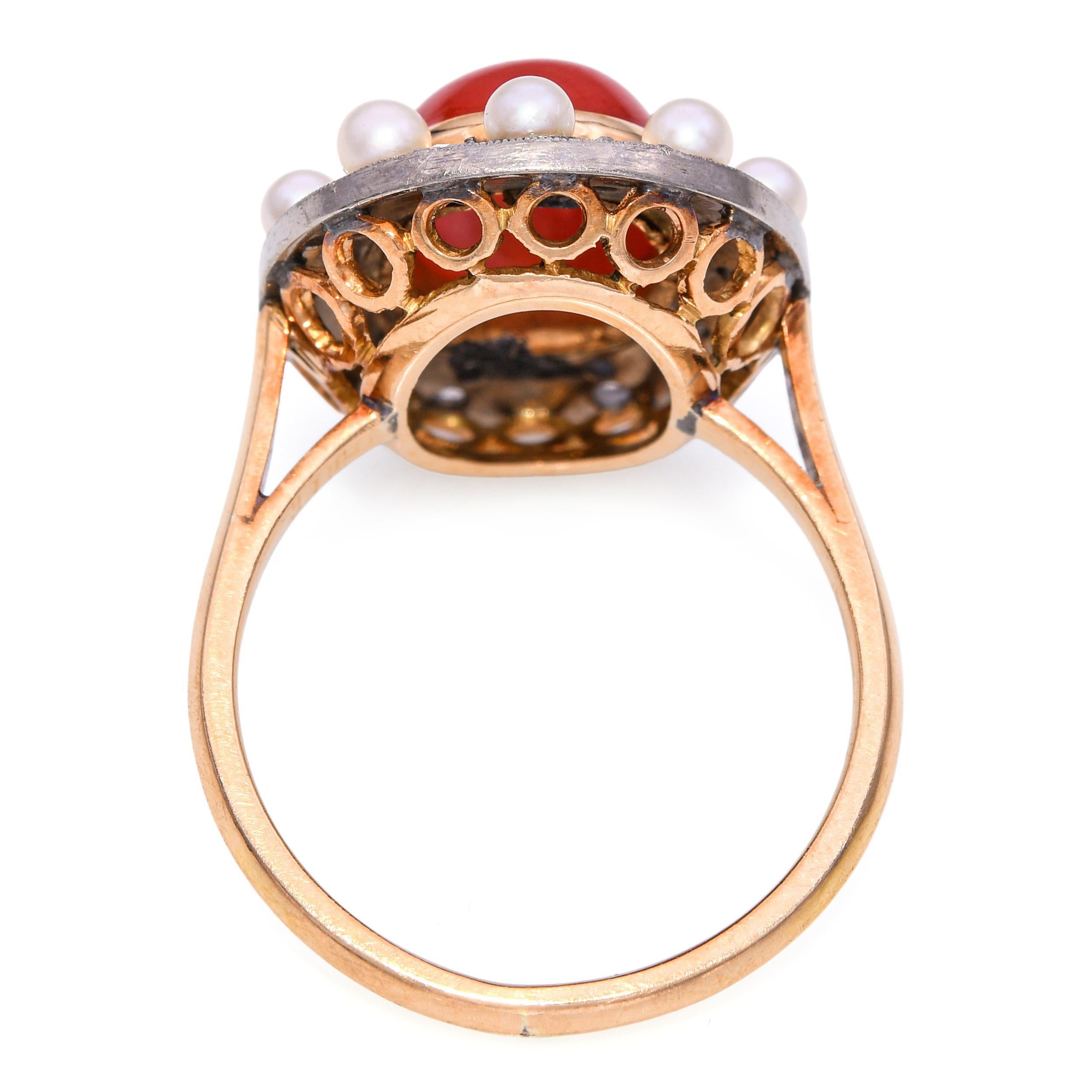 De las mujeres Anillo Victoriano Antiguo de Coral, Perlas y Diamantes talla Rosa en Dos Tonos en venta