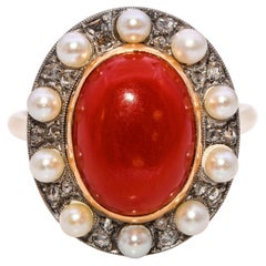 Antique Victorian Two-Tone Coral, Pearl and Rose Cut Diamond Statement Ring